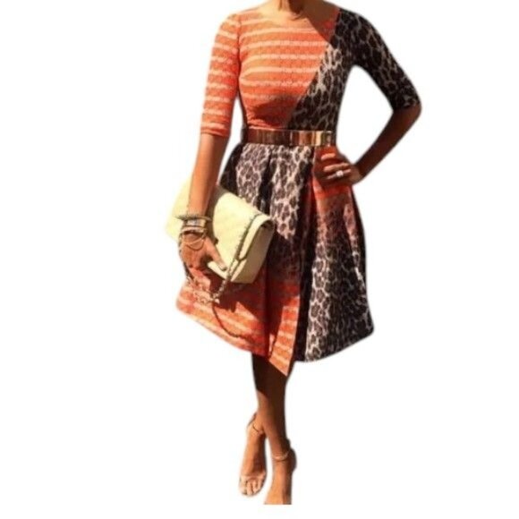 TRACY REESE Dress New Asymmetric Frock Cheetah Stripe Fit n Flare Mixed Print 10 - Picture 1 of 15